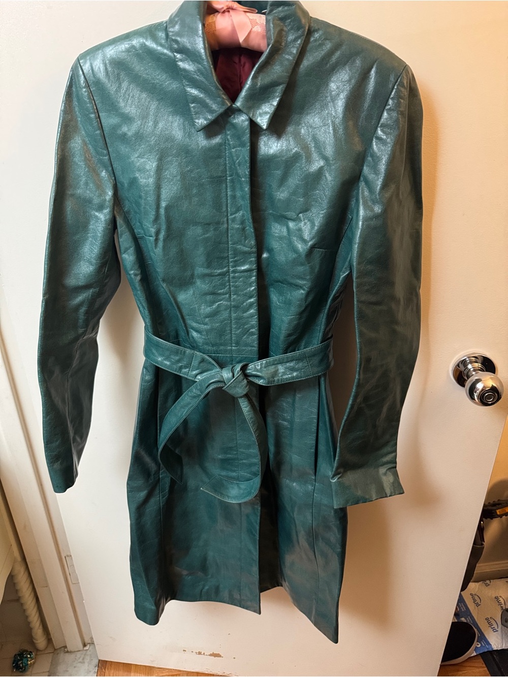 Teal Leather Belted Trench Coat by Emma Black